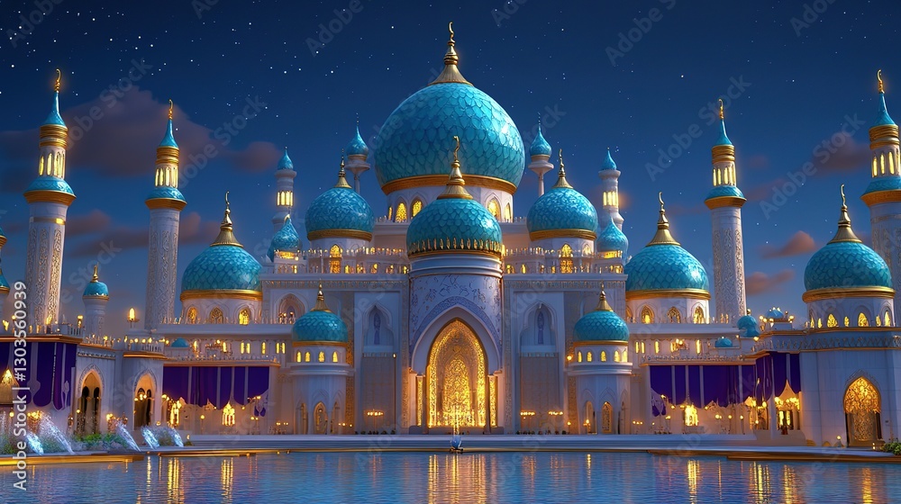 Obraz premium majestic Arab palace, sapphire blue domes, teal and turquoise minarets at night time 