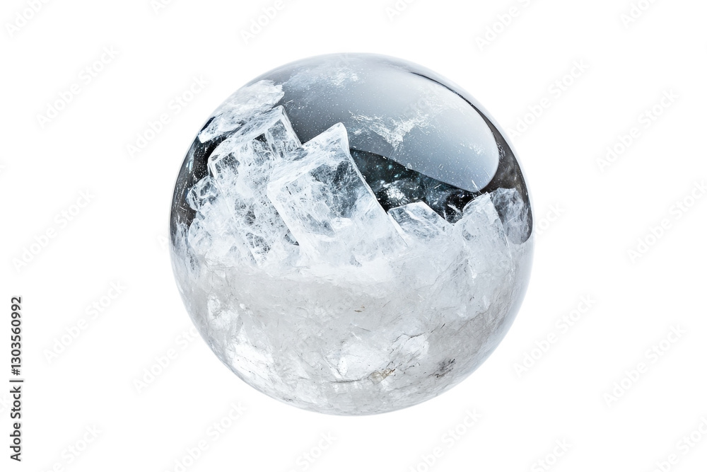 A mesmerizing crystal orb reflecting light and showcasing icy formations in a serene setting isolated on transparent background A mesmerizing crystal orb reflecting light and showcasing icy formations in a serene setting isolated on transparent background