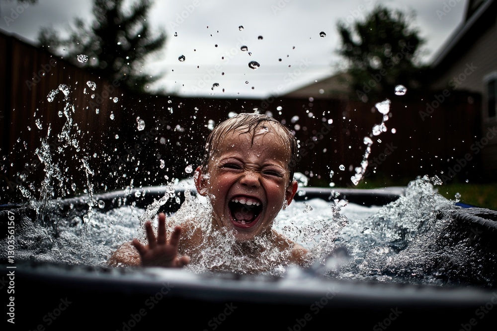 Fototapeta premium Joyful caucasian child playing in water splash on a summer day
