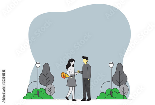 Dating Couple Outdoors vectors, A loving couple celebrates a special occasion, holding hands as they enjoy their time together. The young man and woman share a romantic moment, relaxing and cherishing