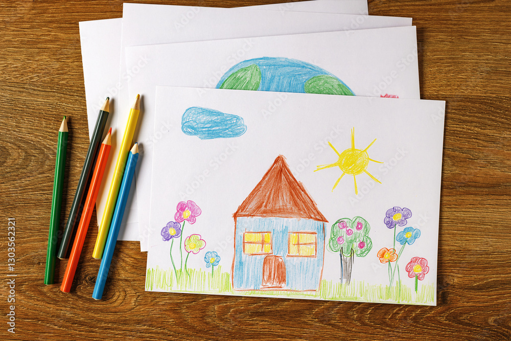 Children drawing on white paper, featuring a colorful house, sun, clouds, trees, and flowers with Colored pencils on a wooden table top view