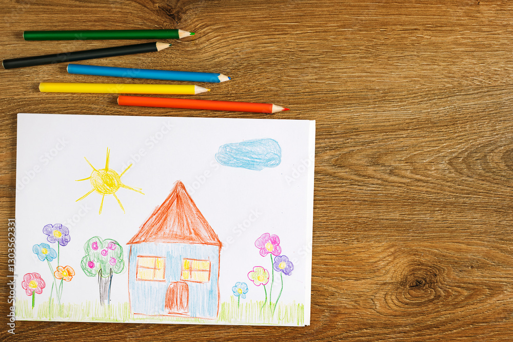 Top view Children drawing on white paper, featuring a colorful house, sun, trees, and flowers with Colored pencils on a wooden table