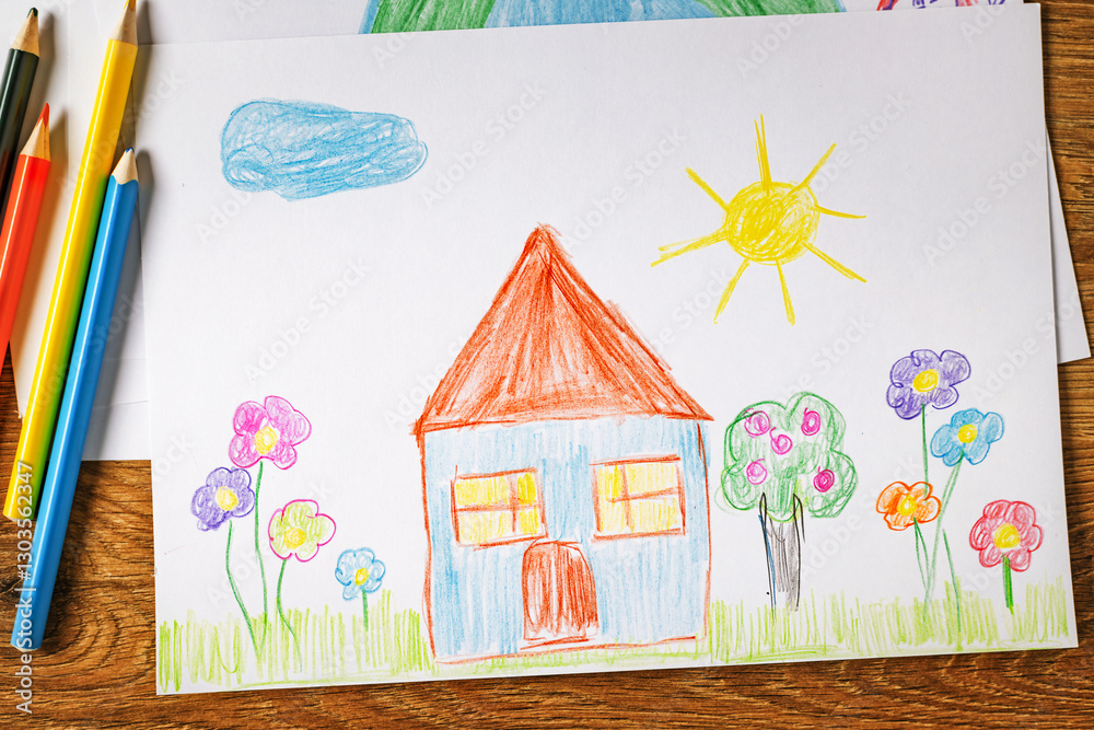 Children drawing on white paper, featuring a colorful house, sun, clouds, trees, and flowers with Colored pencils on a wooden table top view