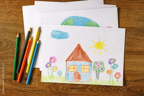 Obraz na płótnie Children drawing on white paper, featuring a colorful house, sun, clouds, trees, and flowers with Colored pencils on a wooden table top view w salonie