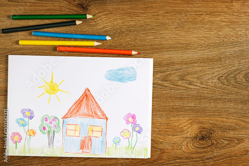 Obraz na płótnie Top view Children drawing on white paper, featuring a colorful house, sun, trees, and flowers with Colored pencils on a wooden table w salonie