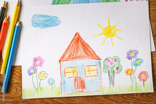 Obraz na płótnie Children drawing on white paper, featuring a colorful house, sun, clouds, trees, and flowers with Colored pencils on a wooden table top view w salonie