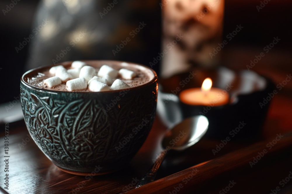 Cozy hot chocolate with marshmallows and candlelight Cozy hot chocolate with marshmallows and candlelight