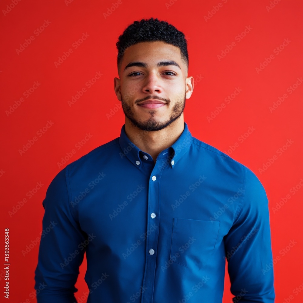 Obraz premium Young man poses confidently in a blue shirt against a vibrant red background in a studio setting