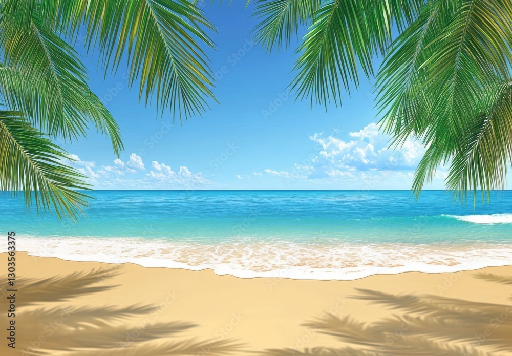 Serenity on a Tropical Beach with Palm Trees Framing the Crystal Clear Ocean Under a Bright Blue Sky and Soft White Clouds
