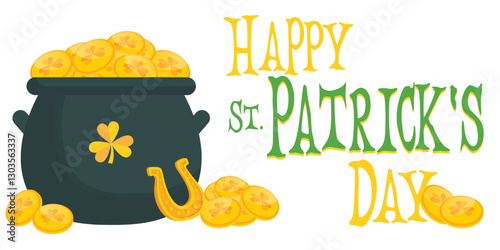 Happy St. Patrick's Day -  gold coins,, shamrock, leprechaun, cauldron, - lucky vector graphics


