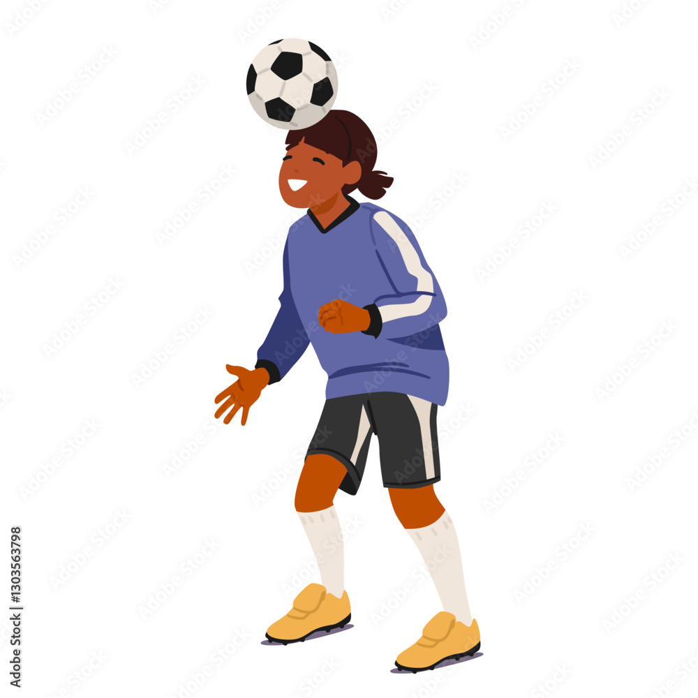 Happy little girl football player isolated cartoon character dribbling soccer ball with head Happy little girl football player isolated cartoon character dribbling soccer ball with head