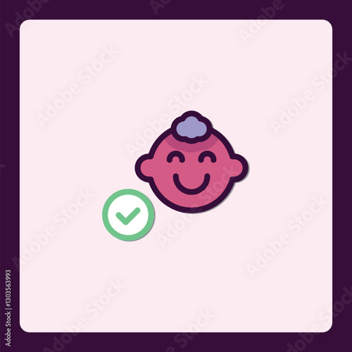 A pink baby face icon with a soft blue hat and green check mark graphic