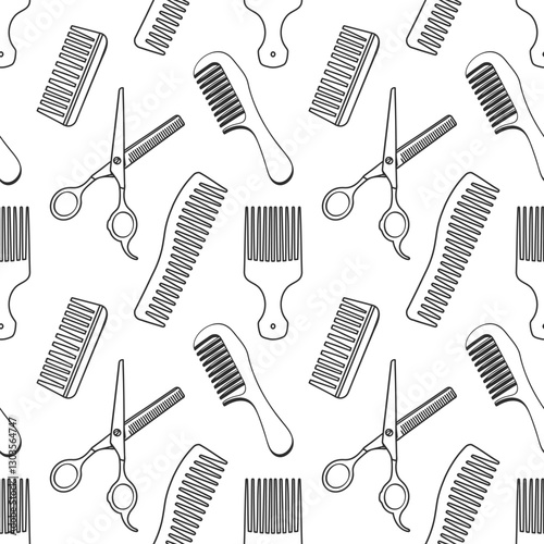 Seamless pattern with hairdresser tools. Barber shop tools pattern. Scissors, razor, comb background.