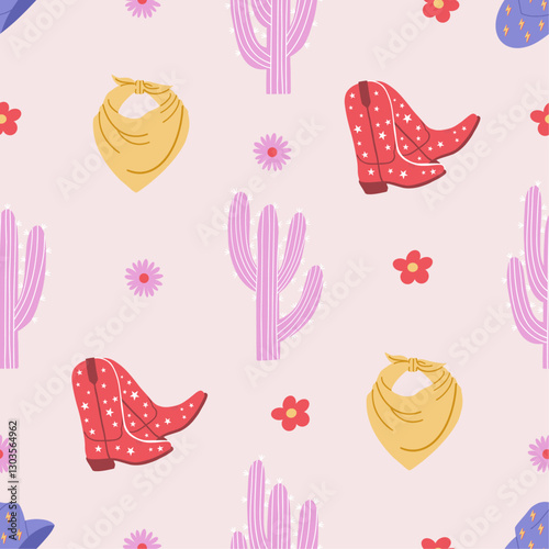 Seamless pattern with cowboy elements. Cowgirl boots and hat, bandana, cactus. Wild west, western retro design. Pink background. Hand drawn vector illustration