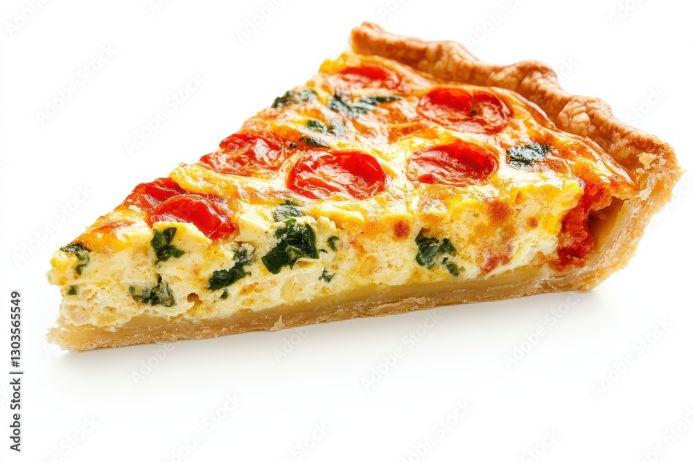 Delicious slice of fresh tomato and spinach quiche served on a clean white plate isolated on transparent background