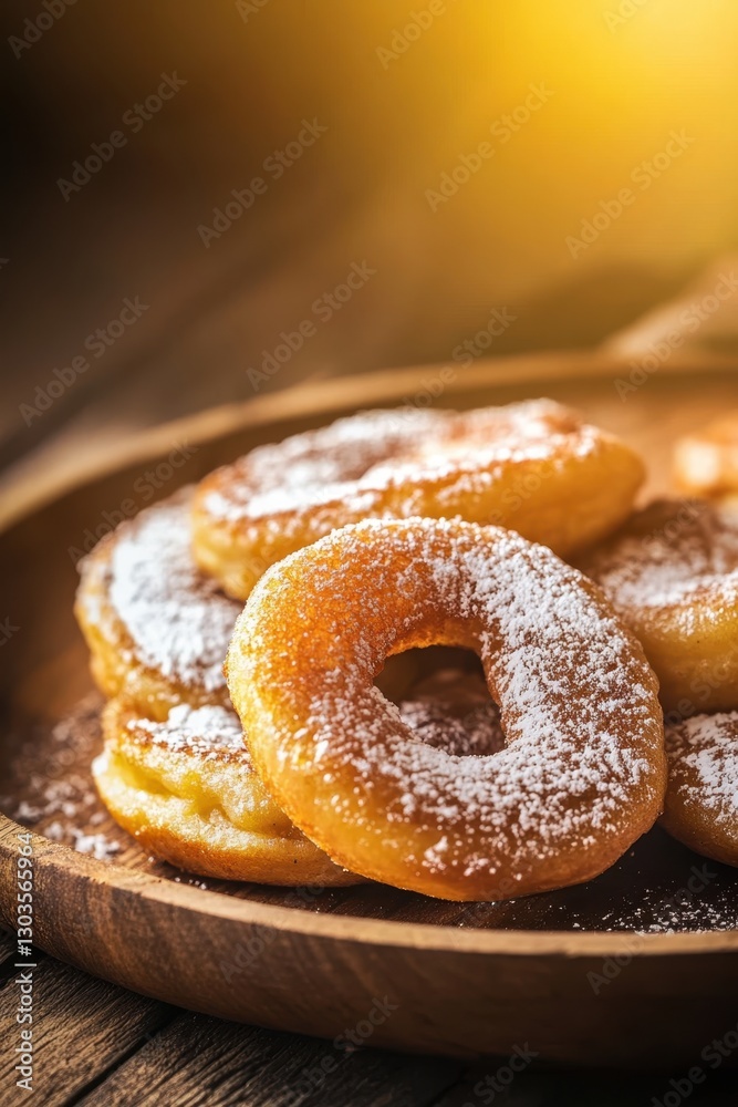 Delicious Fresh Donuts with Powdered Sugar on Rustic Wooden Plate Delicious Fresh Donuts with Powdered Sugar on Rustic Wooden Plate