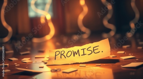 A forgotten commitment: 'Promise' torn and scattered on the floor, bathed in a warm, introspective glow.