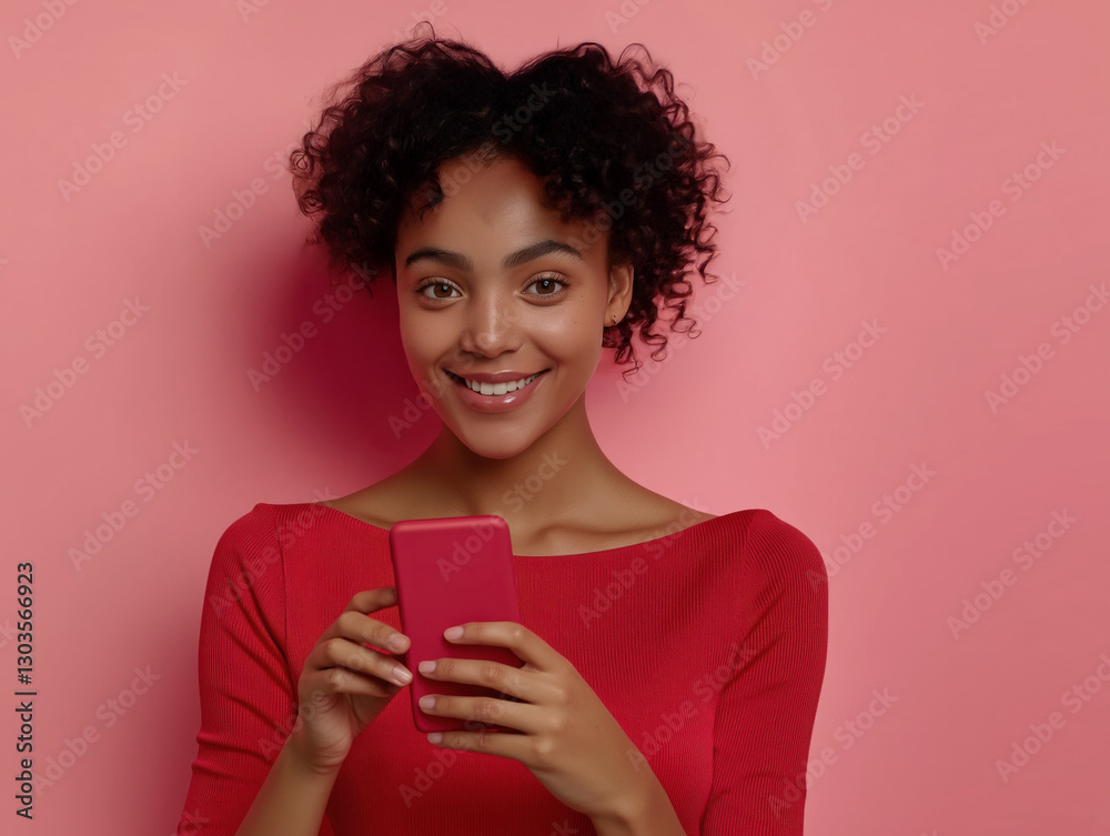 young Bi-racial, woman wearing red sweater and holding smartphone, studio shot in pink background young Bi-racial, woman wearing red sweater and holding smartphone, studio shot in pink background