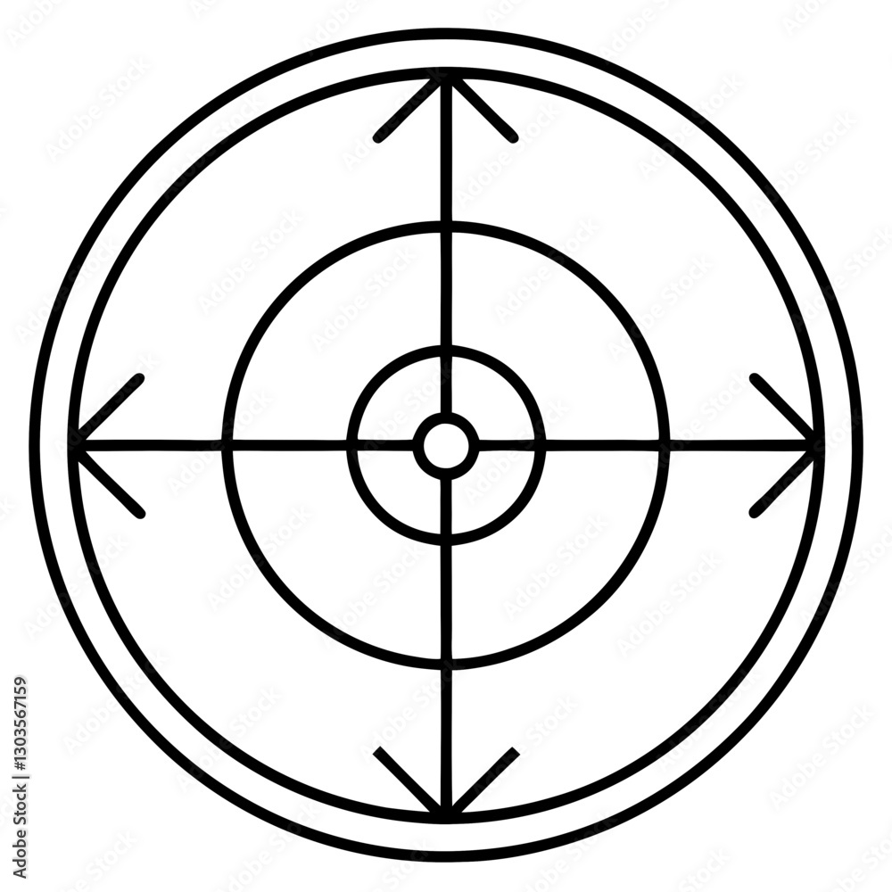 A minimalistic target icon with arrows pointing outward. The target is composed of concentric circles and crossing lines, giving it a simple, modern look. vector illustration A minimalistic target icon with arrows pointing outward. The target is composed of concentric circles and crossing lines, giving it a simple, modern look. vector illustration