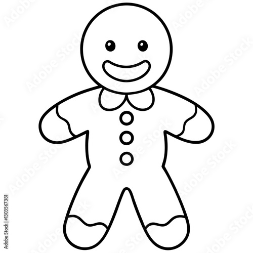 a cheerful gingerbread man smiles happily, drawn in black and white vector illustration