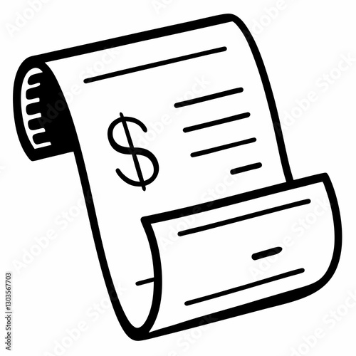 a drawn illustration of a receipt with dollar sign, representing financial transactions. The receipt is rolled up at the top and has lines of text, suggesting the details of the transaction