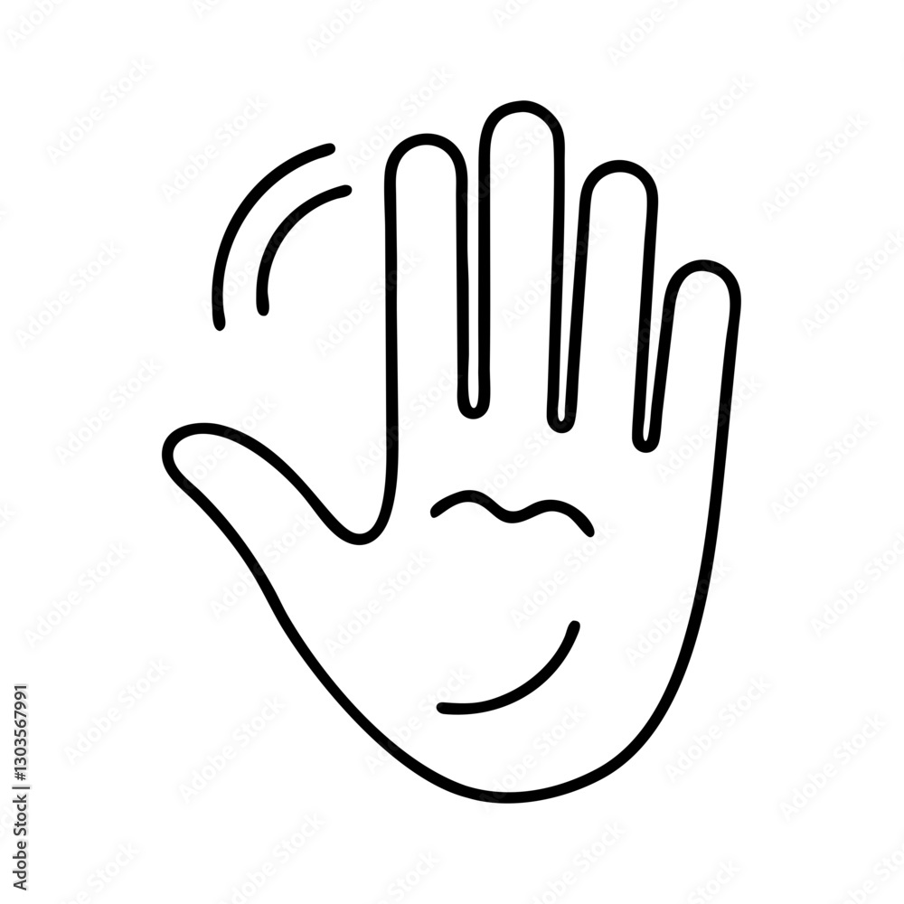Fototapeta premium a waving cartoon hand with a happy face in black lines. It conveys a friendly gesture and welcoming attitude vector illustration