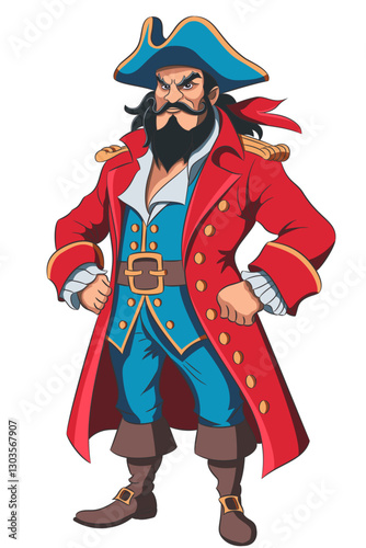 Vector illustration of a cartoon pirate character in a red and blue outfit and a cocked hat.