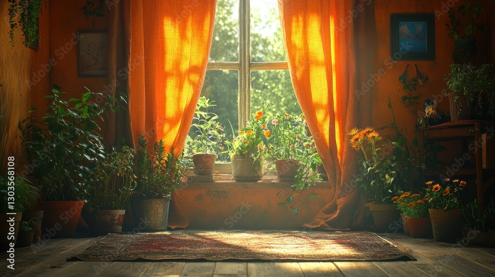 Obraz premium Sunny room with orange curtains, plants, and flowers