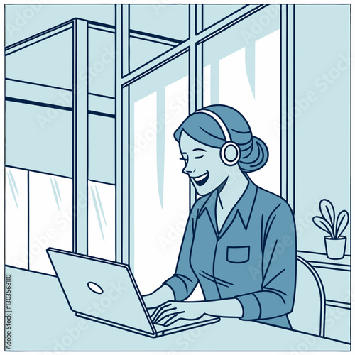 Vector A smiling businesswoman in a blue shirt is working on her laptop in a bright, modern office. She wears a headset and appears engaged and focused