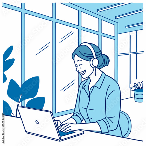 Vector A smiling businesswoman in a blue shirt is working on her laptop in a bright, modern office. She wears a headset and appears engaged and focused
