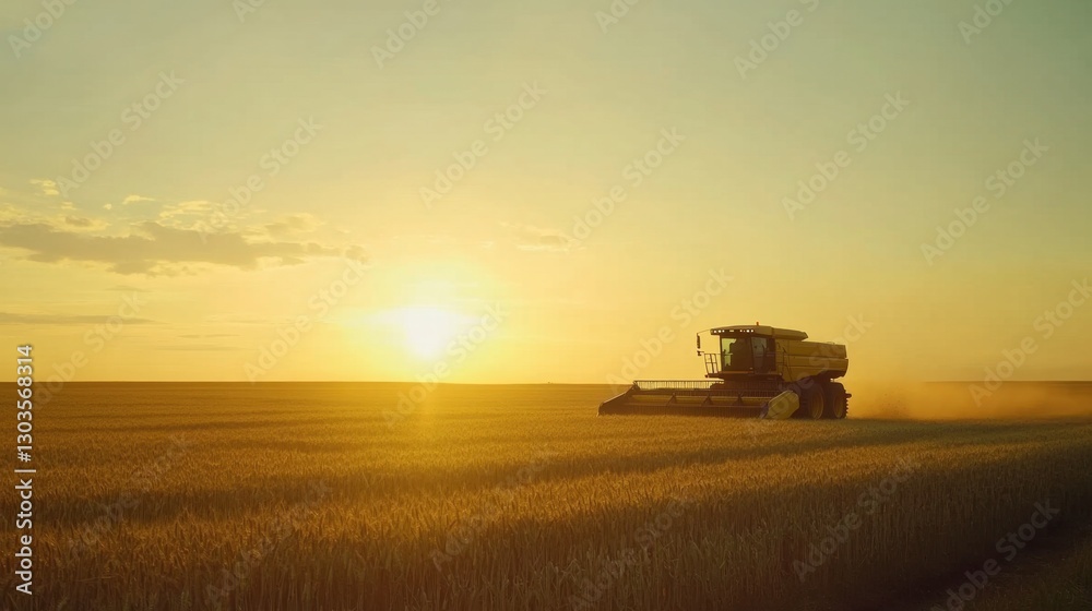 Fototapeta premium Combine harvester harvesting wheat field at sunset. Combine harvester working on a wheat field during sunset.