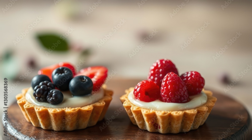 Assorted berry tarts on a wooden board feature fresh fruit and creamy filling on a pastry crust. Assorted berry tarts on a wooden board feature fresh fruit and creamy filling on a pastry crust.