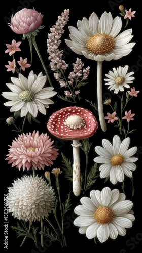 Vintage botanical illustration of wildflowers and a fly agaric mushroom on a dark background. Delicate daisies, chrysanthemums, and forest plants create an elegant, nature-inspired composition