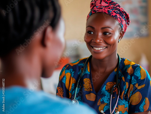A smiling African woman in a colorful headscarf talks with another person, exuding warmth and positivity. Perfect for themes of healthcare, community support, or social connection