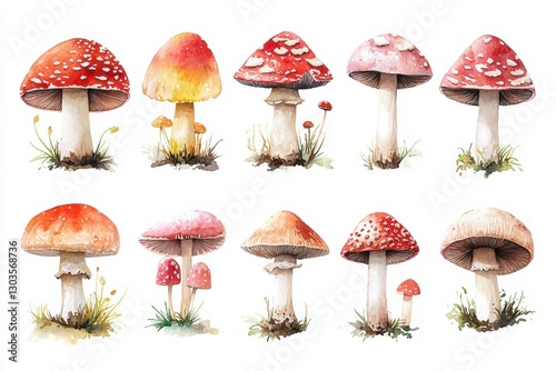 Watercolor illustration of various mushrooms, including fly agaric, with red, pink, and beige caps, surrounded by grass and small plants