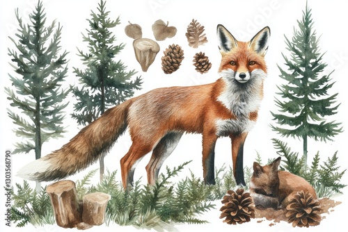 Watercolor illustration of a red fox in a forest setting with pine trees, pinecones, acorns, and ferns. A detailed and artistic depiction of wildlife and nature with soft earthy tones