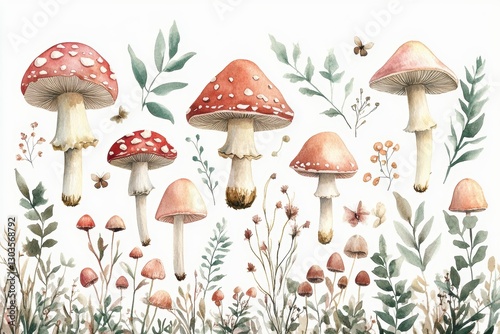 Watercolor illustration of various wild mushrooms, including fly agaric, surrounded by delicate leaves, flowers, and butterflies. A whimsical and botanical composition with soft earthy tones