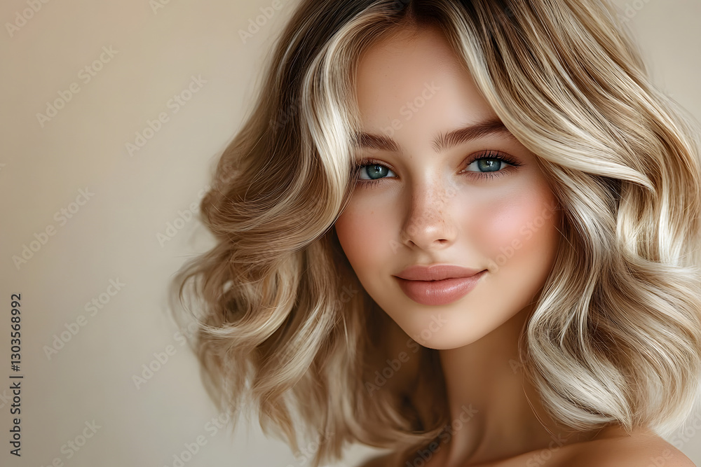 Beautiful blonde model girl with medium length curly hair . Smiling woman hairstyle wavy curls . Hair coloring balayage and shatush.Hair care and hair coloring. Fashion , beauty and makeup . Beautiful blonde model girl with medium length curly hair . Smiling woman hairstyle wavy curls . Hair coloring balayage and shatush.Hair care and hair coloring. Fashion , beauty and makeup .