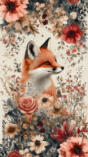 Watercolor illustration of a red fox surrounded by blooming flowers and delicate foliage. A vintage-inspired, whimsical composition with soft earthy tones and intricate botanical details