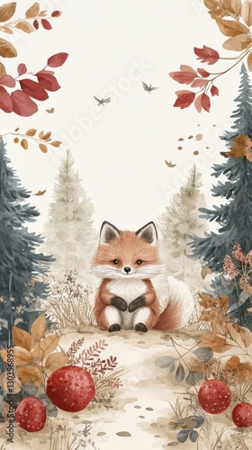 Adorable watercolor illustration of a baby fox sitting in an autumn forest surrounded by leaves, mushrooms, and trees. A soft and whimsical woodland scene with warm earthy tones