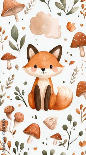 Cute watercolor illustration of a fox surrounded by mushrooms, leaves, and plants in soft earthy tones. A whimsical and cozy forest-themed artwork with a charming, hand-drawn style