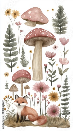 Cute red fox sitting among mushrooms, wildflowers, and ferns in a whimsical forest scene. Soft watercolor illustration with earthy tones and delicate botanical details creating a peaceful atmosphere