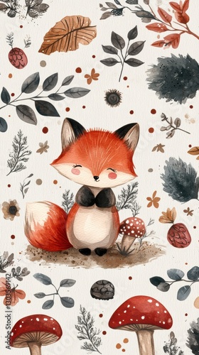 Cute watercolor illustration of a smiling fox surrounded by autumn leaves, mushrooms, berries, and forest elements. A charming woodland-themed artwork with warm earthy tones and soft textures