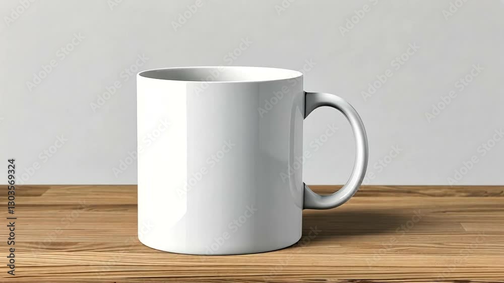 A blank white coffee mug placed on a wooden table with a neutral background