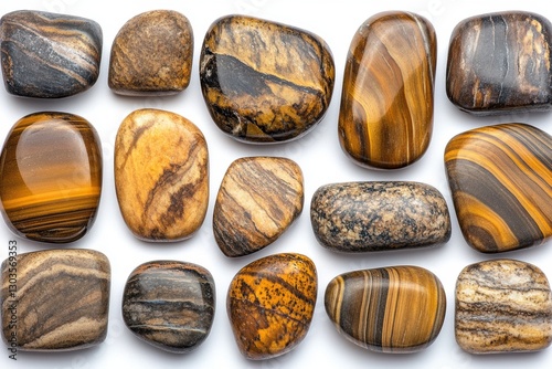 A collection of polished tiger's eye and other striped gemstones in warm golden and brown tones, arranged on a white background. Smooth, glossy, and natural mineral stones with unique patterns