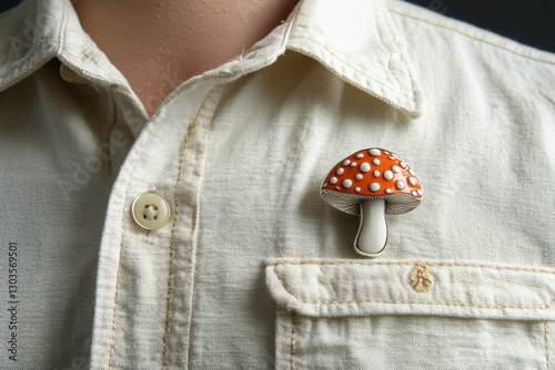 Enamel pin in the shape of a red and white spotted mushroom attached to the pocket of a beige shirt, adding a whimsical and nature-inspired touch to the outfit
