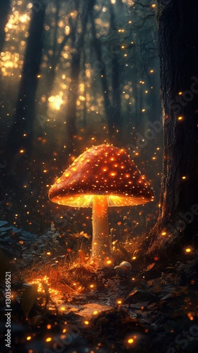 Glowing mushroom in a mystical forest illuminated by warm golden light. Magical fireflies float around, creating an enchanting fantasy atmosphere with deep shadows and ethereal ambiance