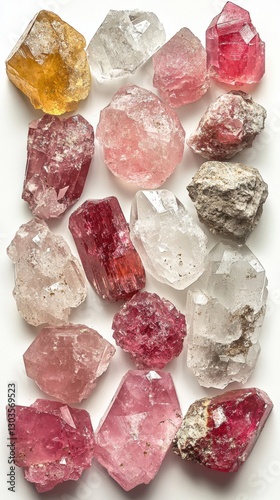 A collection of raw pink, red, white, and golden crystals arranged on a white background, showcasing their natural textures and transparency. A vibrant and earthy mineral display