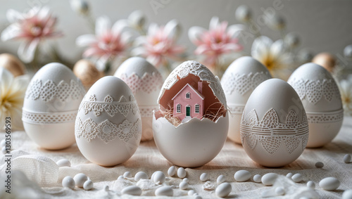 Decorative Easter eggs feature a pink house nestled inside a cracked shell, celebrating springtime creativity at home photo