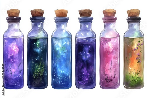 Watercolor illustration of six glass potion bottles filled with glowing, magical liquids in vibrant cosmic and botanical colors. A whimsical and fantasy-inspired composition with enchanting atmosphere